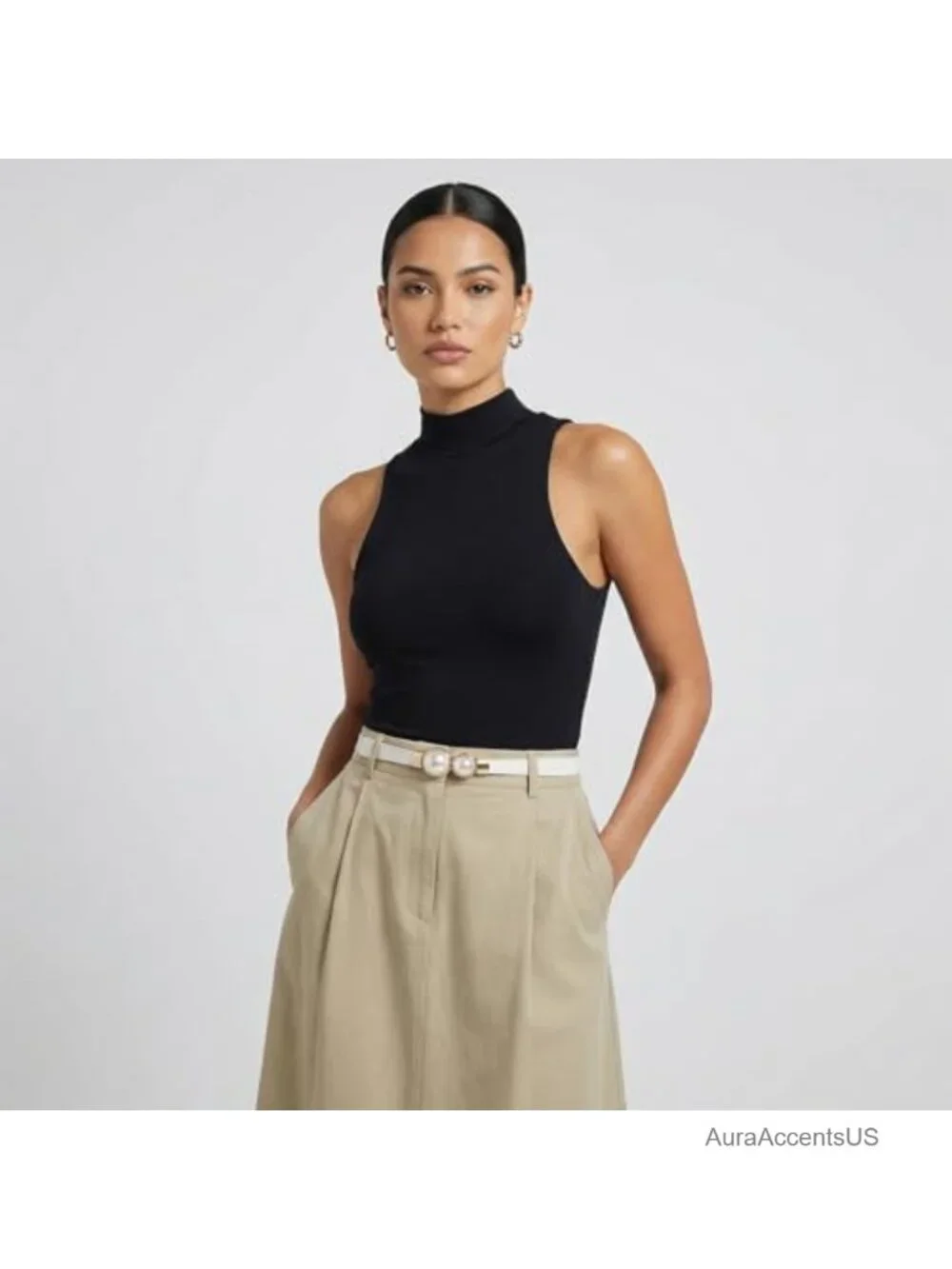 Skinny Stretchy Waist Belt with Pearl Buckle PU Leather